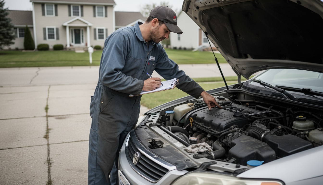 Mechanic with clipboard inspecting engine bay in driveway