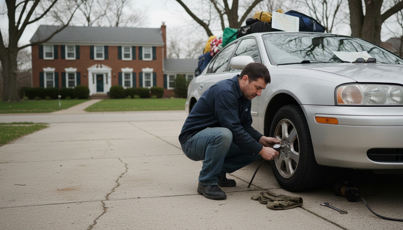 Mechanic checking tire pressure on packed family car