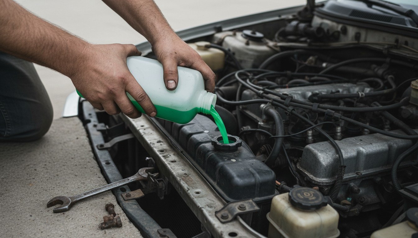 Mechanic pouring coolant into engine bay